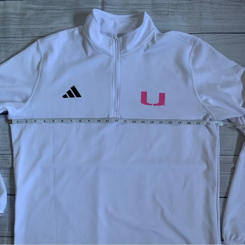 Adidas Men’s White Quarter-Zip Pullover with University of Miami “U” pink logo